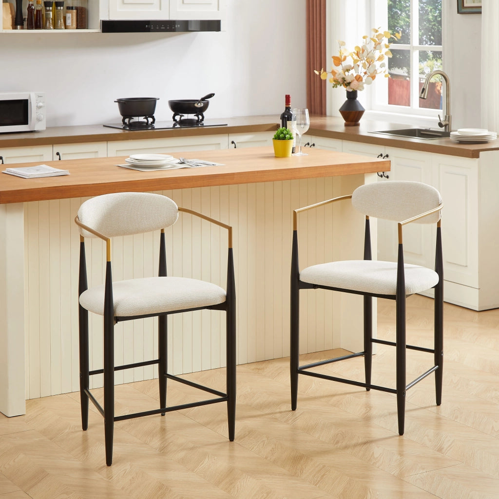 SGABELLO DA BAR Set da 2 pezzi con braccioli, tessuto beige, struttura nero e oro