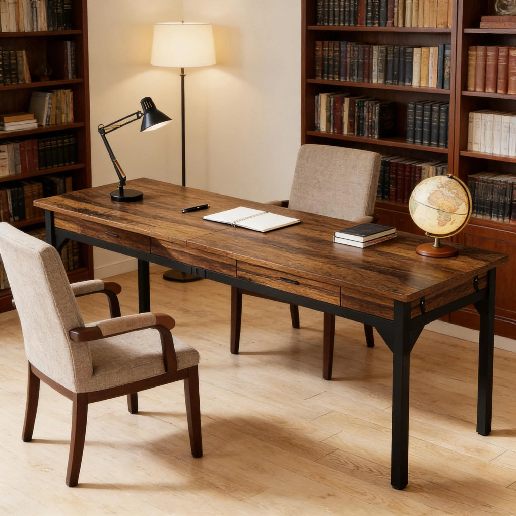 SCRIVANIA Doppia 200x60x82 cm Legno e Metallo Marrone Rustico e Nero