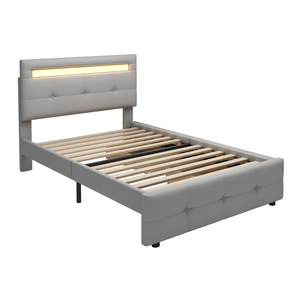 Letto imbottito 90x200 cm con LED, 2 cassetti, testiera regolabile e rete a doghe grigio