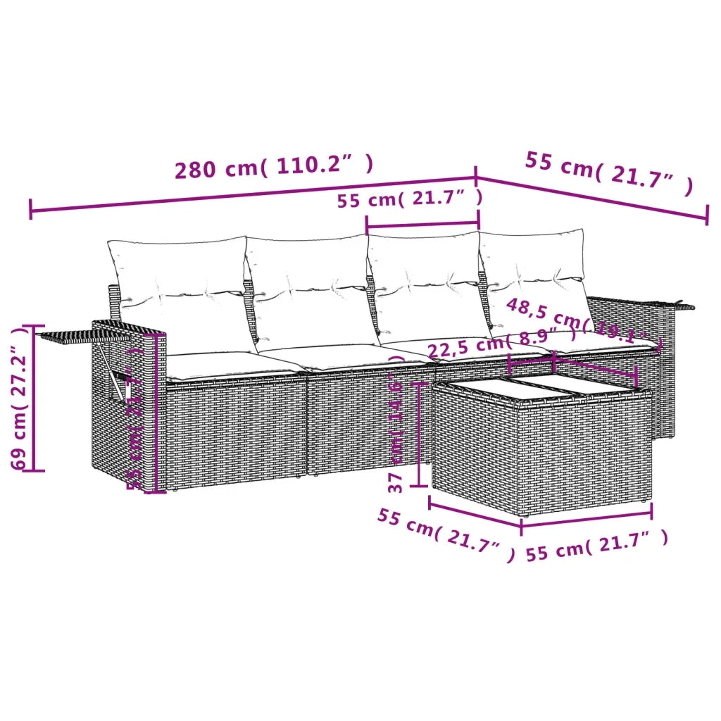 Set Divano da Giardino 5 pz con Cuscini Grigio in Polyrattan