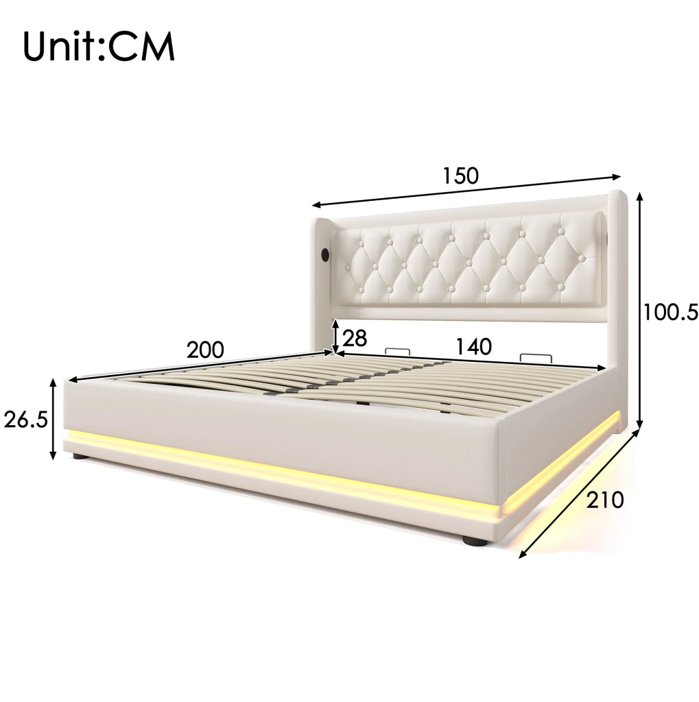 Letto matrimoniale imbottito 140x200 cm con contenitore, USB Type-C e LED