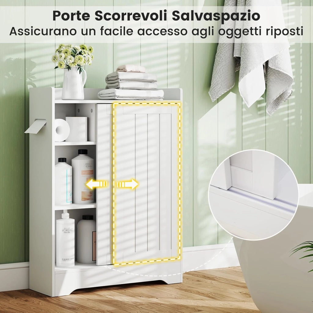 Mobile da Bagno, Armadietto Sottile con Porta Carta Igienica, Scomparto per Spazzolino e Ripiani Regolabili Accanto al WC, Armadio con Porta Scorrevole per Spazi Ridotti (Bianco)