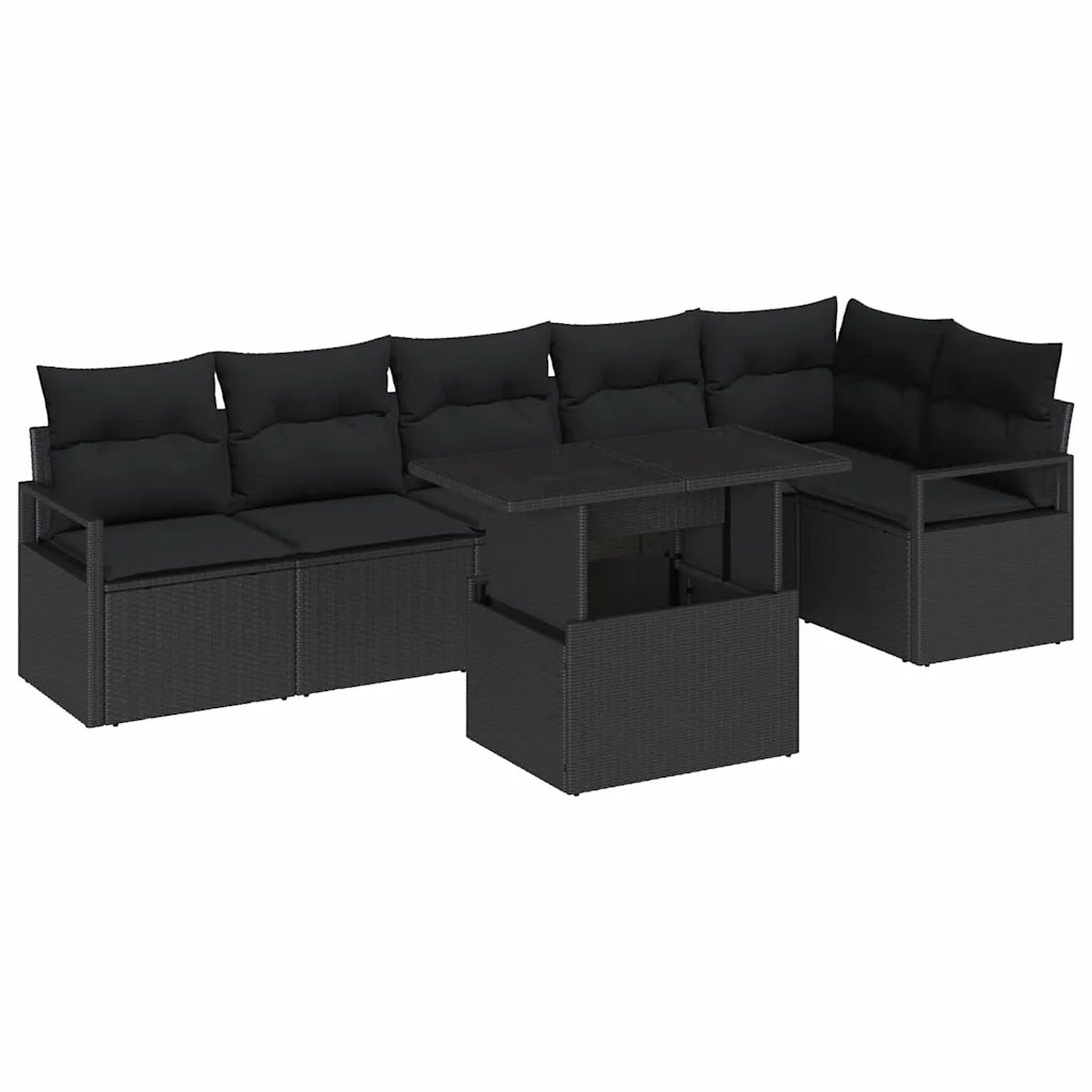 Set Divano da Giardino con cuscino 7 pcs Nero Poly Rattan
