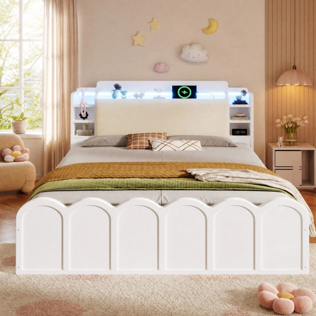 Letto contenitore 140x200 cm bianco con LED, USB e USB-C