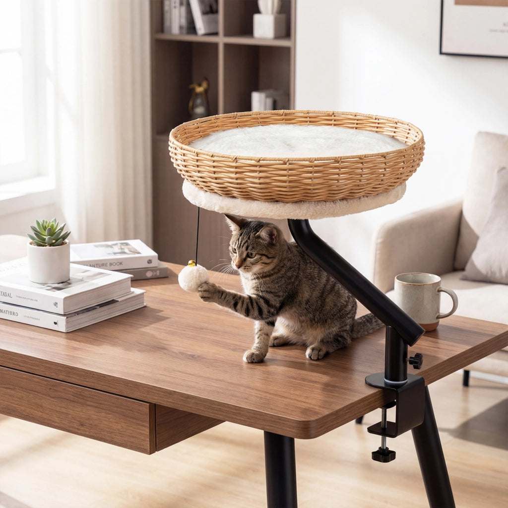 Letto per gatti da scrivania girevole 360¡ã cuccia per gatti in rattan pe, Cuccia salvaspazio amaca con morsetto per ufficio e casa Bianco