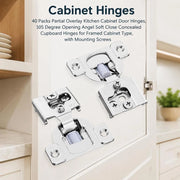 Cabinet Hinges, Set Of 40, Partially Surface-mounted Furniture Hinges, 105-degree Opening Angle, Soft-close, Hinges For Framed Cabinet Types, With Mounting Screws, 71 X 57 X 18 Mm