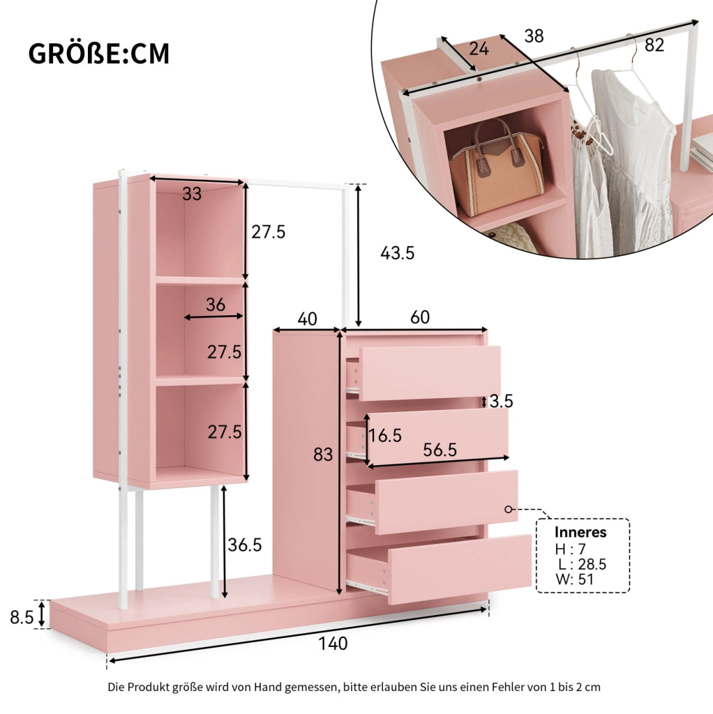 Mobile contenitore rosa con 4 cassetti; 3 ripiani aperti e barra appendiabiti