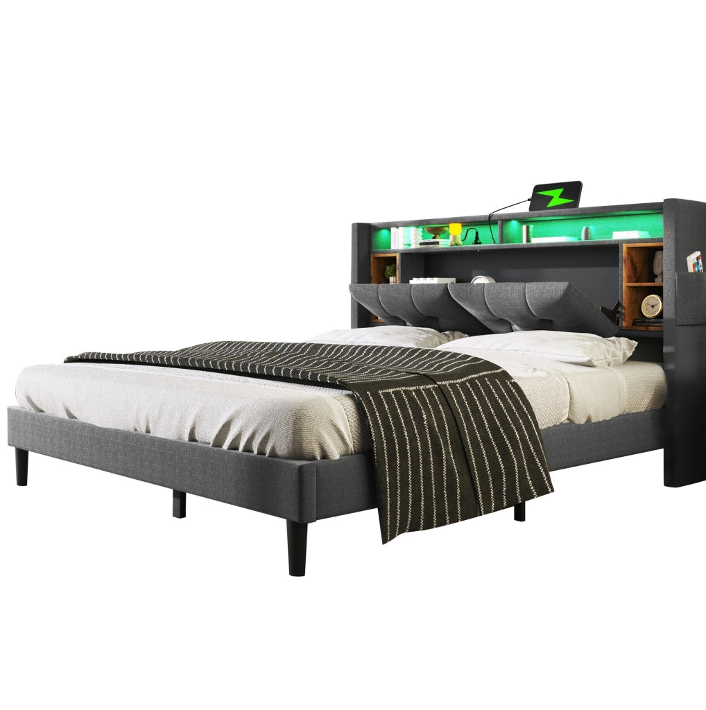 Letto imbottito 140x200 cm con contenitore; LED; USB e prese; grigio