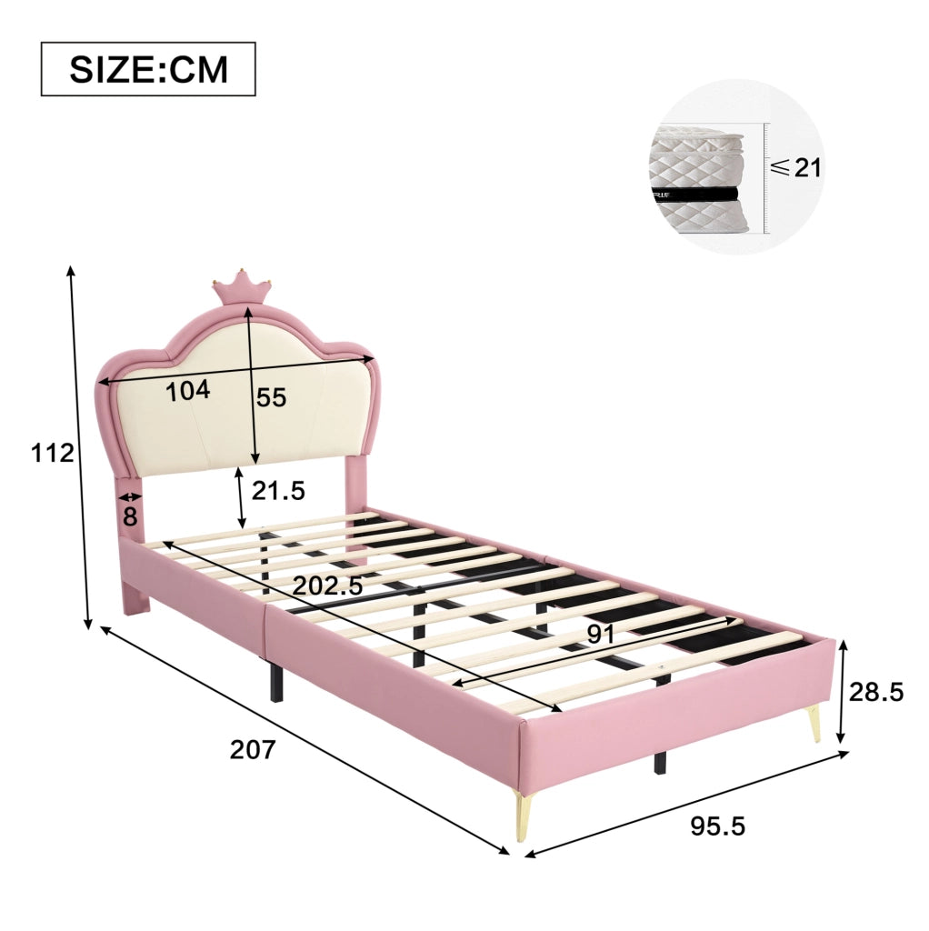 Letto imbottito per bambini rosa e bianco 90x200 cm con testiera a corona