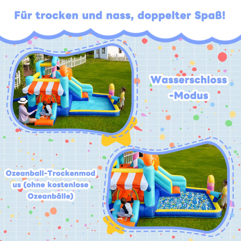 Castello Gonfiabile per Bambini con Ventilatore 450W, Parco Acquatico Multifunzione Esterno con Trampolino, Scivolo d'Acqua, Mini Scivolo, Fontana e Pistole ad Acqua