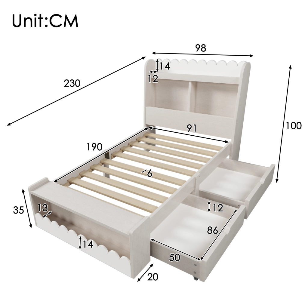 Letto singolo per bambini 90x190 cm con due cassetti e mensole