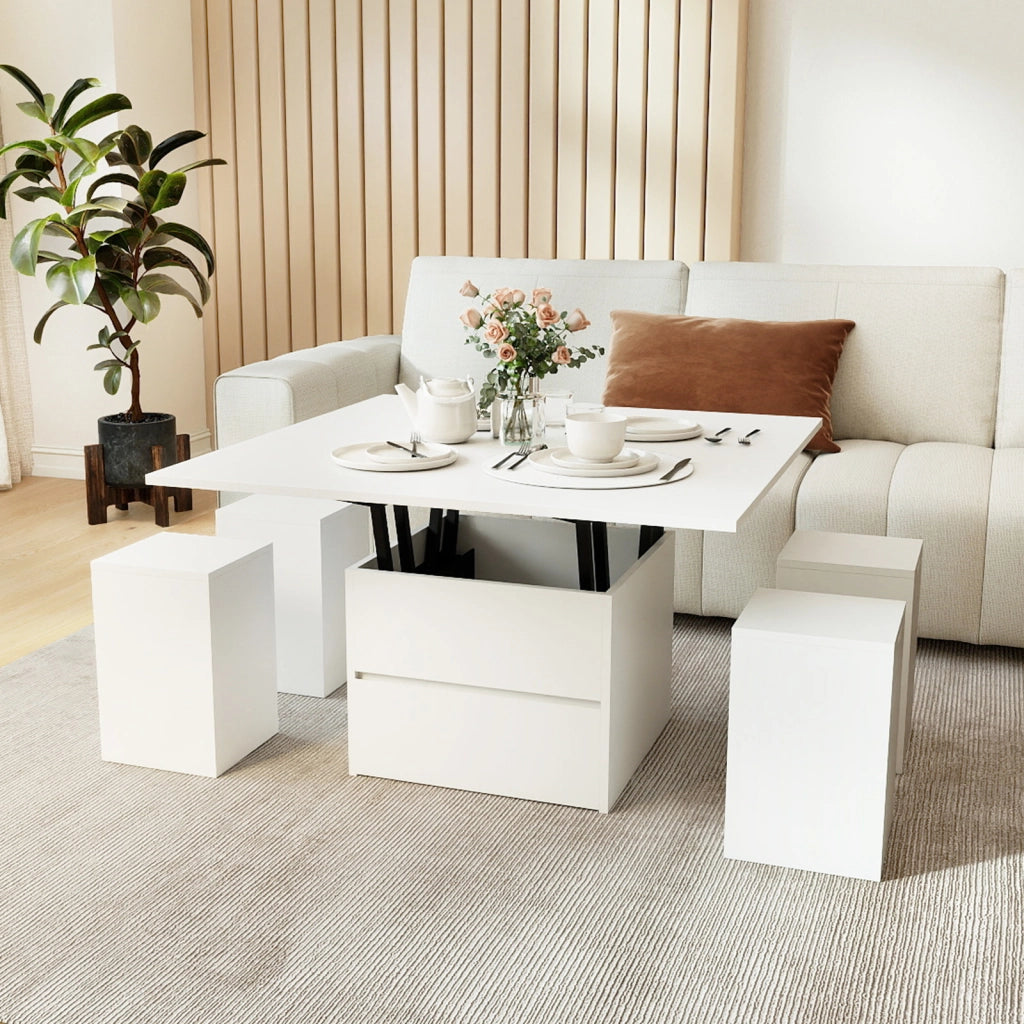 Tavolino caff¨¨ piano sollevabile 4 sgabelli contenitori 3-in-1 soggiorno, Tavolino scomparto nascosto cassetto rettangolare 4-8 persone Bianco