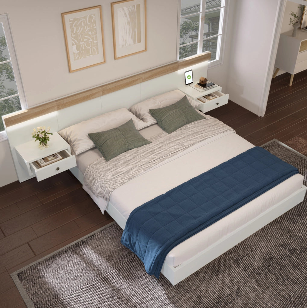 Letto 180x200 cm con 2 comodini LED, USB e USB-C in rovere Sonoma e bianco