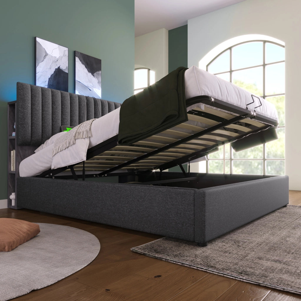 Letto matrimoniale 140x200 con LED, USB-C e vano contenitore