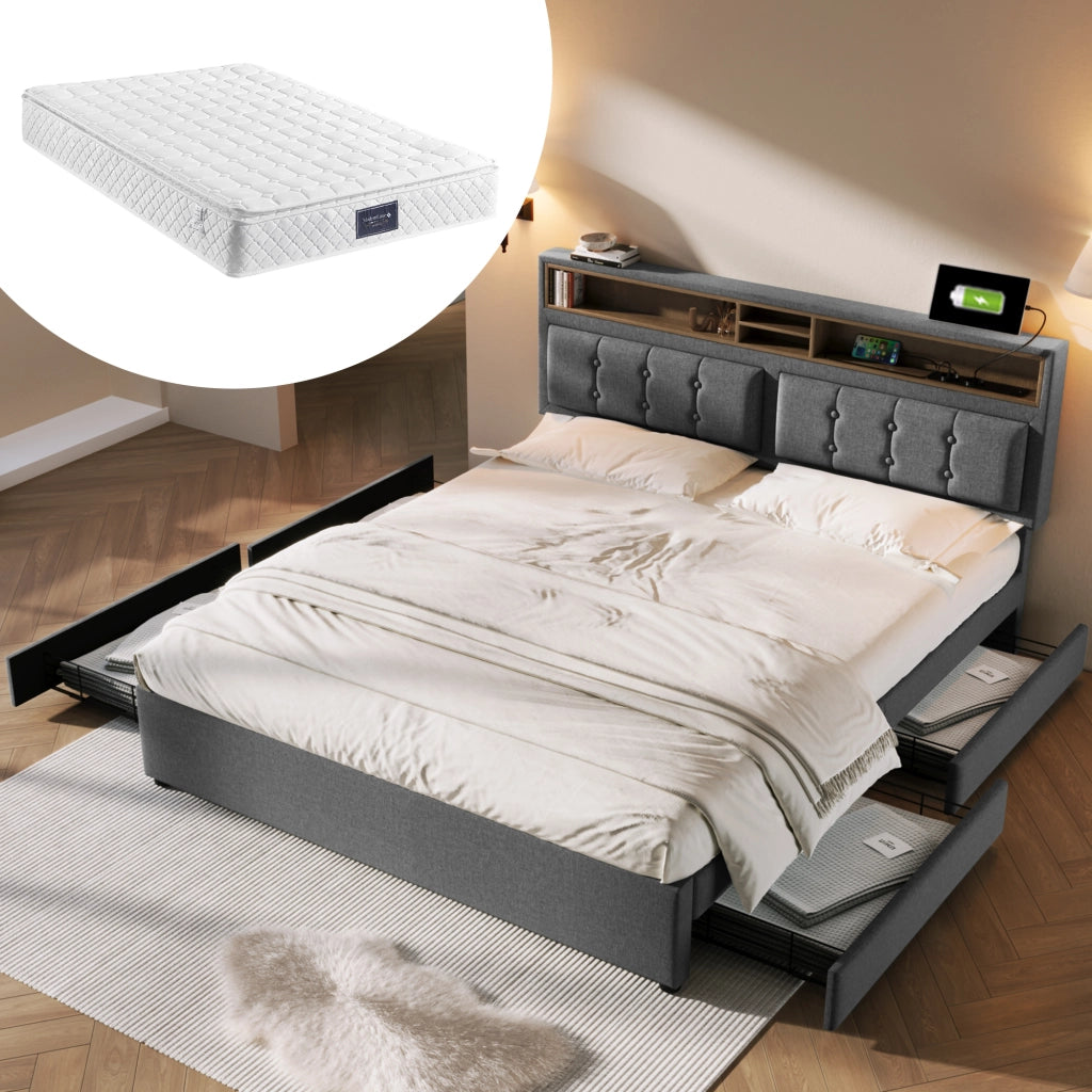 Letto imbottito 140x200 con 4 cassetti e materasso