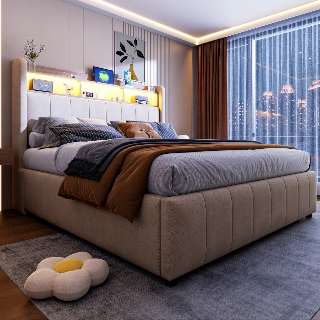 Letto matrimoniale imbottito 140 × 200 cm contenitore con LED USB e USB-C testiera con ripiani tessuto di lino beige