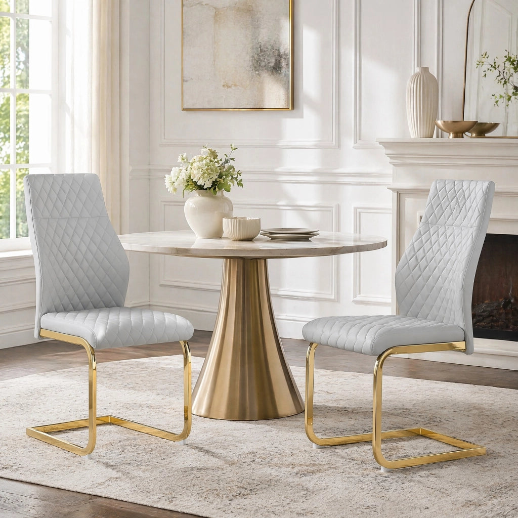SEDIA da pranzo con schienale alto 100 cm, PU grigio chiaro e metallo oro, Set da 2 pezzi