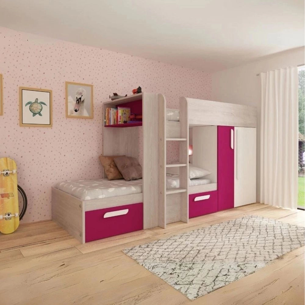 Letto a castello bianco consumato fucsia con armadio e cassetti 1298