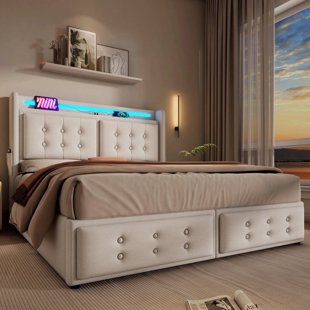 Letto contenitore 140 × 200 cm con LED; prese USB e USB-C; 220 × 141 × 109 cm; beige