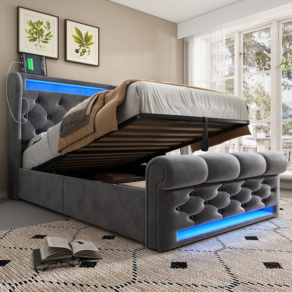 Letto singolo-Xylo-90x200 cm-LED, USB-C, idraulico, velluto grigio