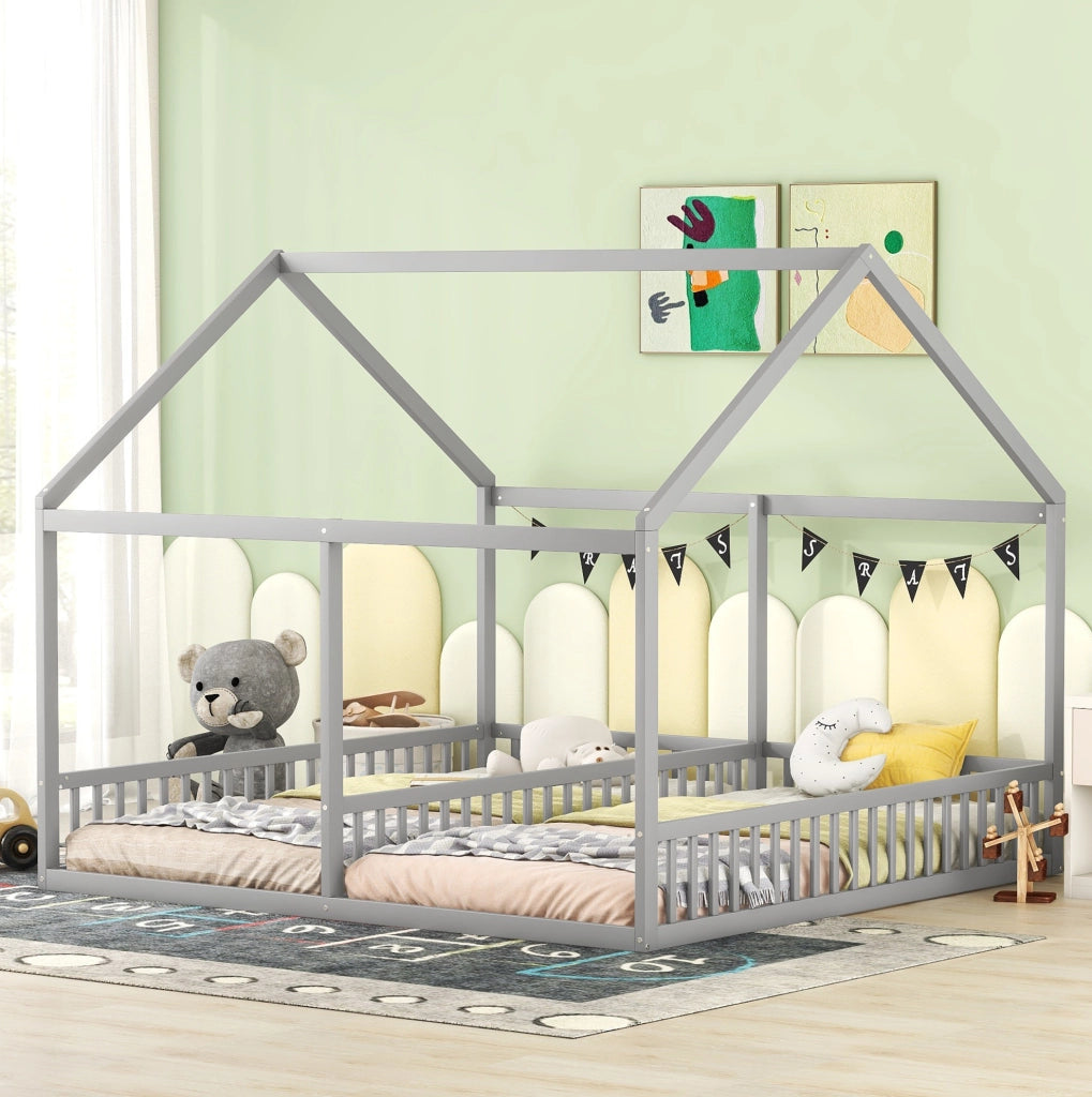 Letto 2 in 1 a casetta 90x200 cm grigio, con sponde di sicurezza