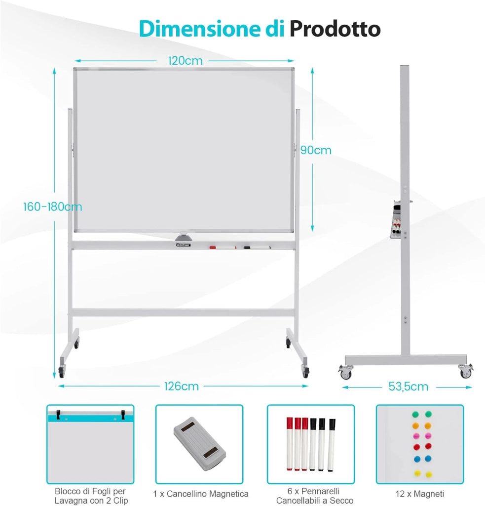 Lavagna Bianca Magnetica Doppia, Lavagna Bianca Regolabile in Altezza e Ruote Bloccabili, 6 Pennarelli, 12 Calamite e 1 Cancellino, Ideale per Casa Ufficio e Scuola, 126 x 53,5 x 160-180 cm