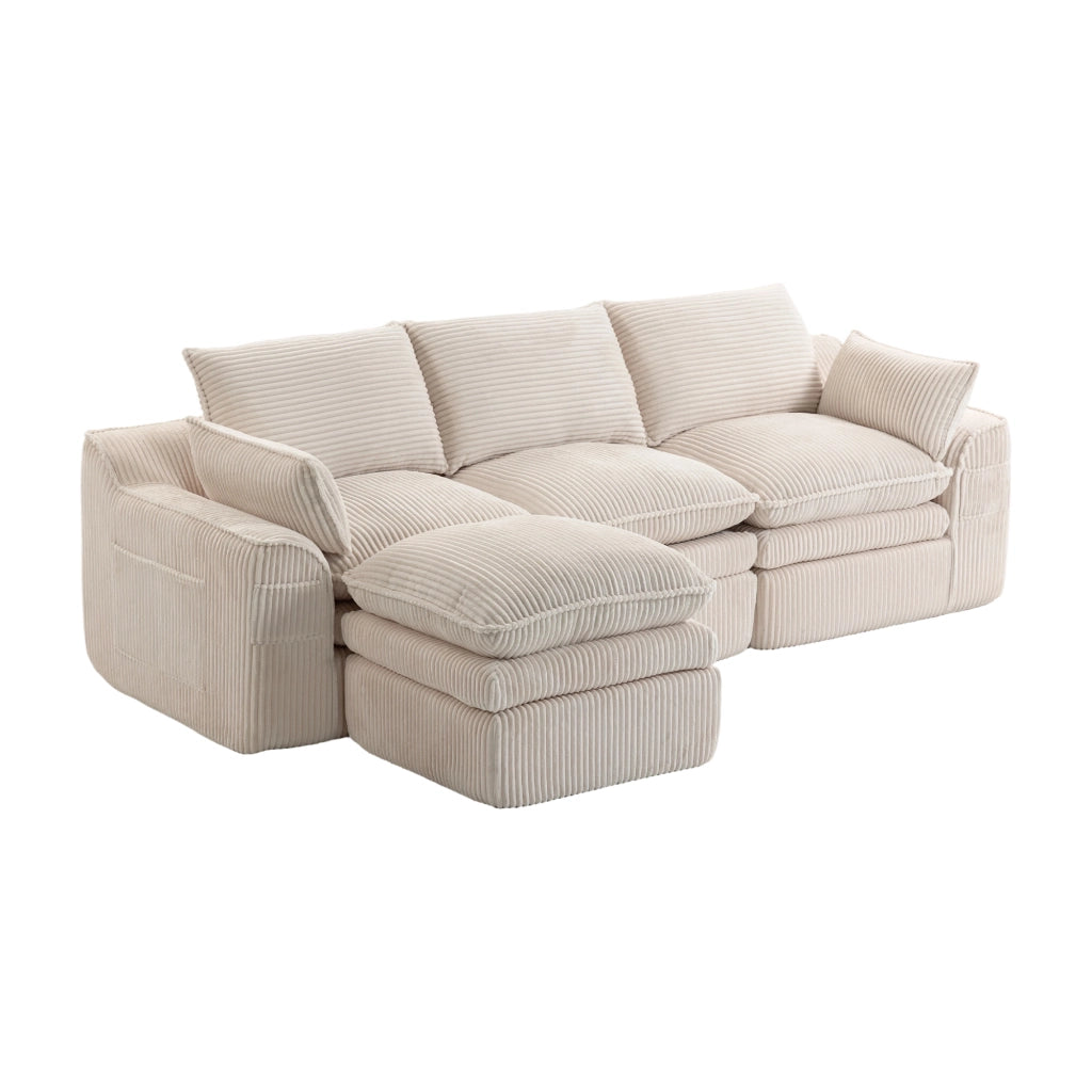Divano 3 Posti con Poggiapiedi e Cuscini in Tessuto ¨C MINIMAL ¨C Beige