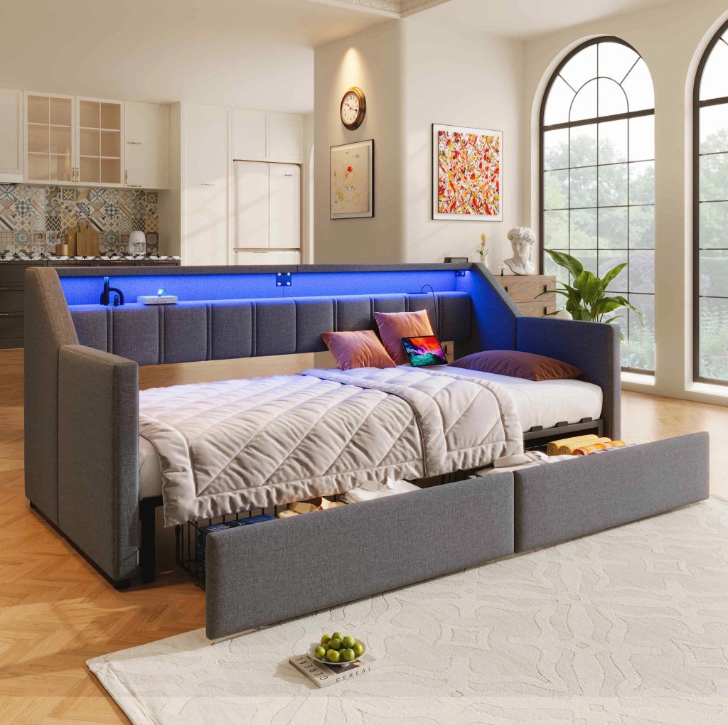 Divano letto 90x200 cm con USB, Type-C, LED e 2 cassetti grigio