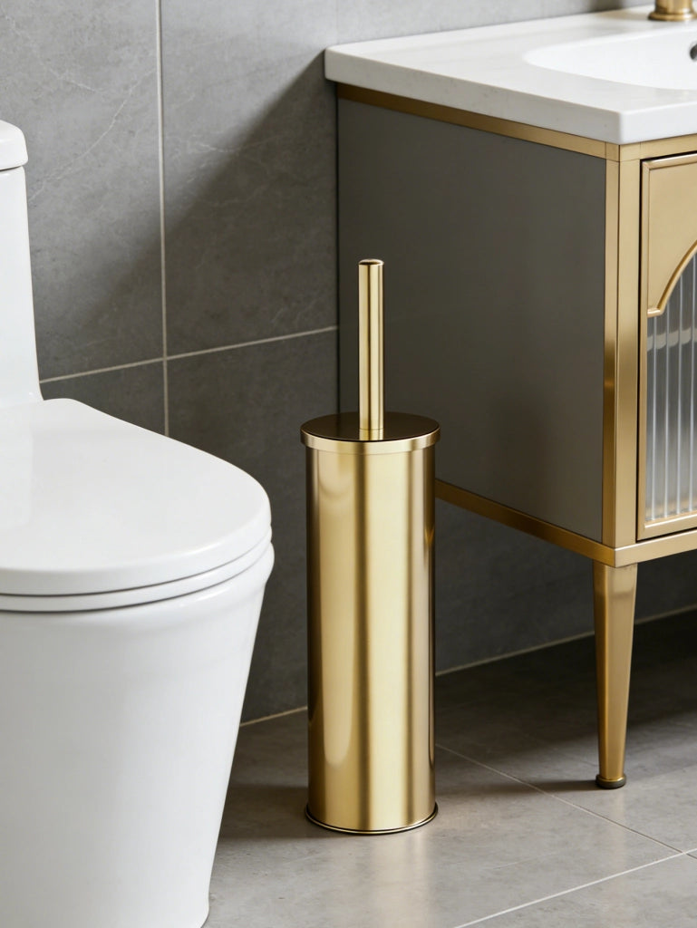 Scopino WC da terra con base in acciaio inox 410 dorato spazzolone bagno cilindrico design moderno pratico