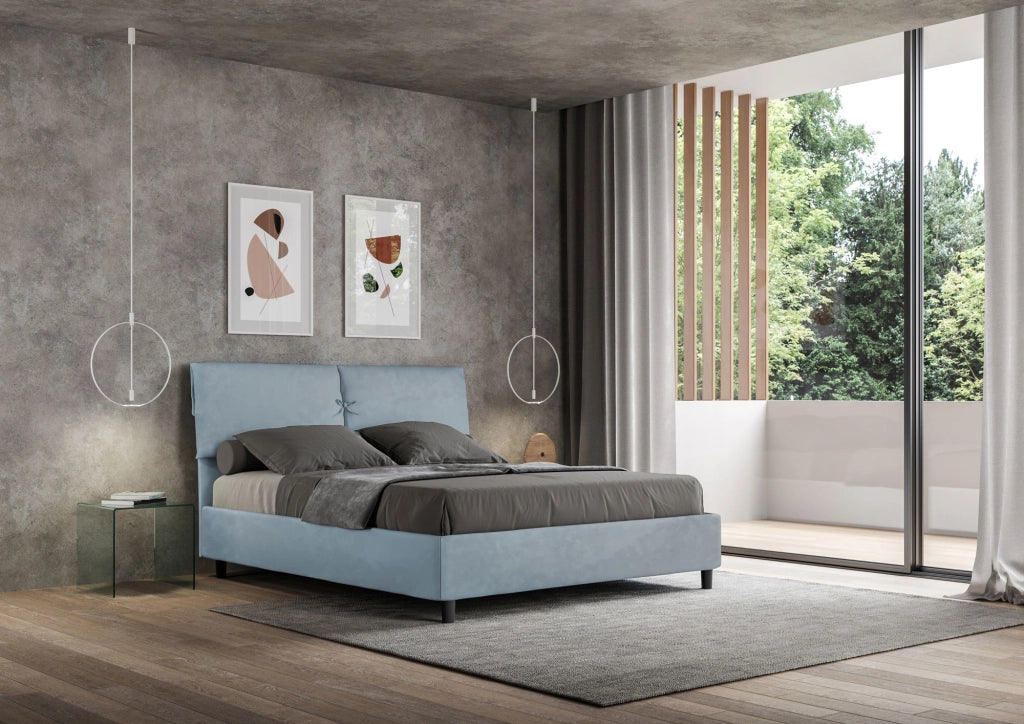 BS COM Letto matrimoniale senza rete imbottito 160x210 microfibra azzurro