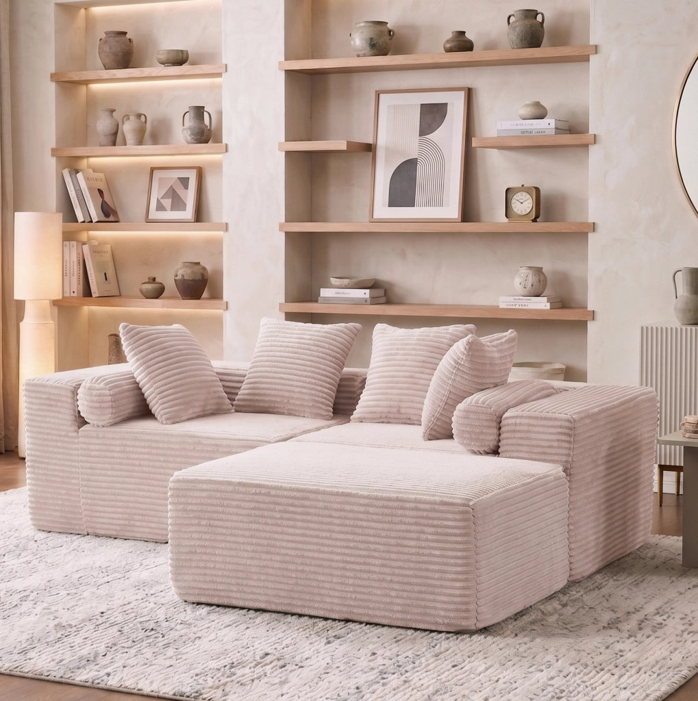 Divano componibile a L con chaise longue; 3 moduli; schiuma e molle; beige