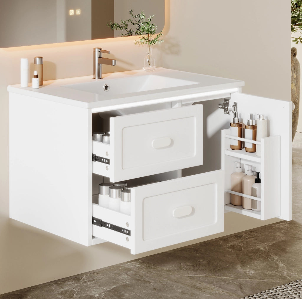 Mobile lavabo da bagno sospeso 76x46x51 cm in MDF laccato con lavabo in ceramica, 2 cassetti, LED con sensore radar, bianco