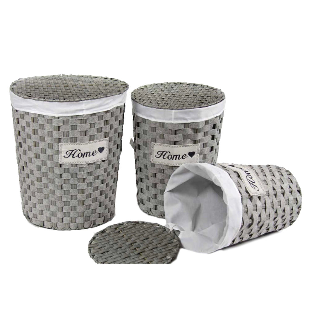 SET 3 CESTE PORTABIANCHERIA A FORMA TONDA IN VIMINI GRIGIO