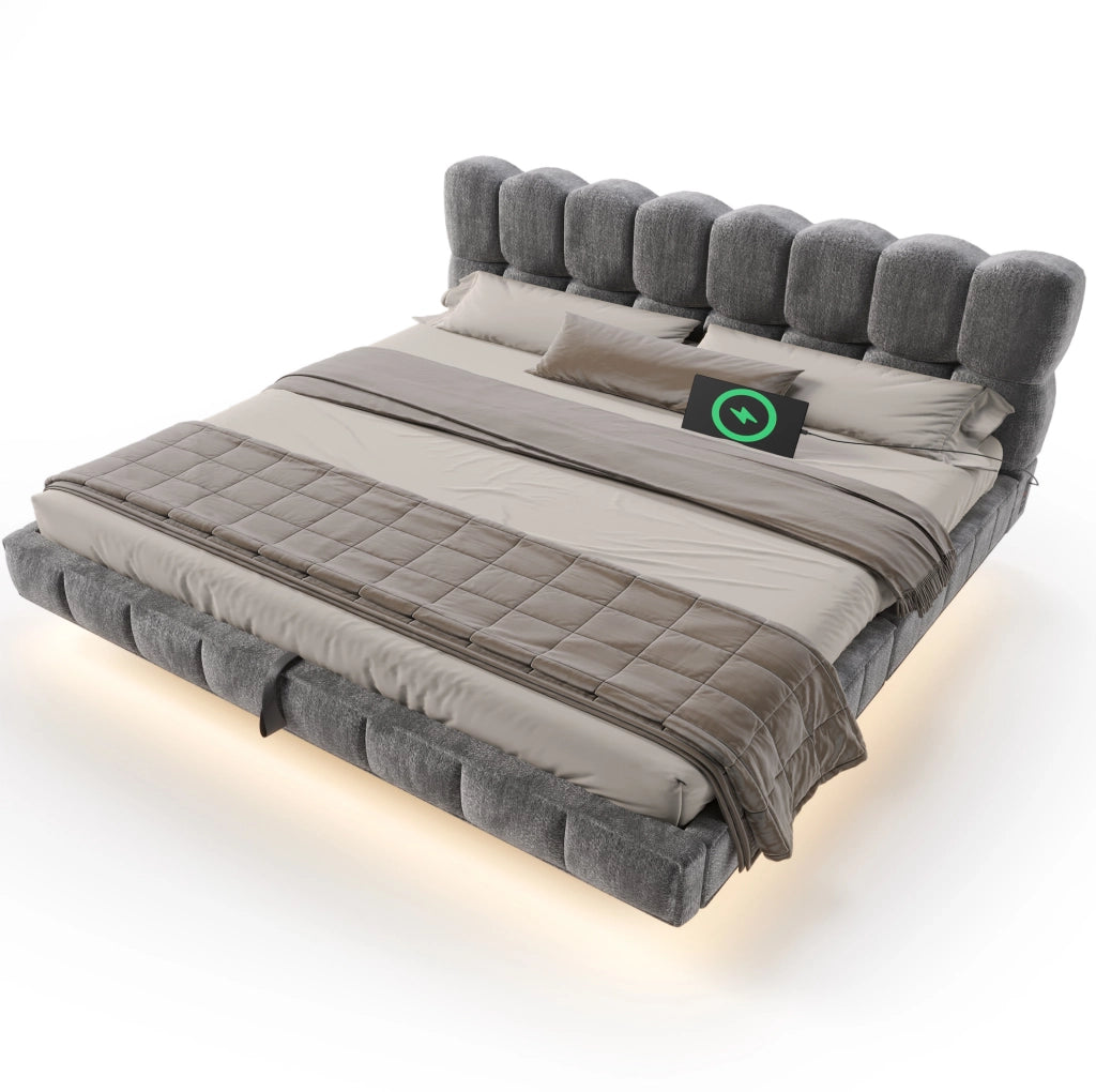 Letto matrimoniale 180x200 cm con contenitore idraulico; LED; USB e Type-C; ciniglia grigia
