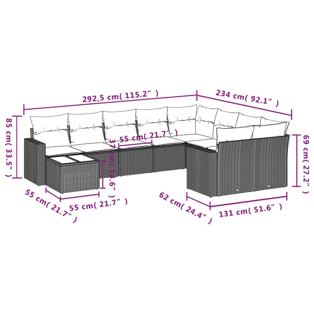 Set Divani da Giardino 10pz con Cuscini in Polyrattan Nero 3219445