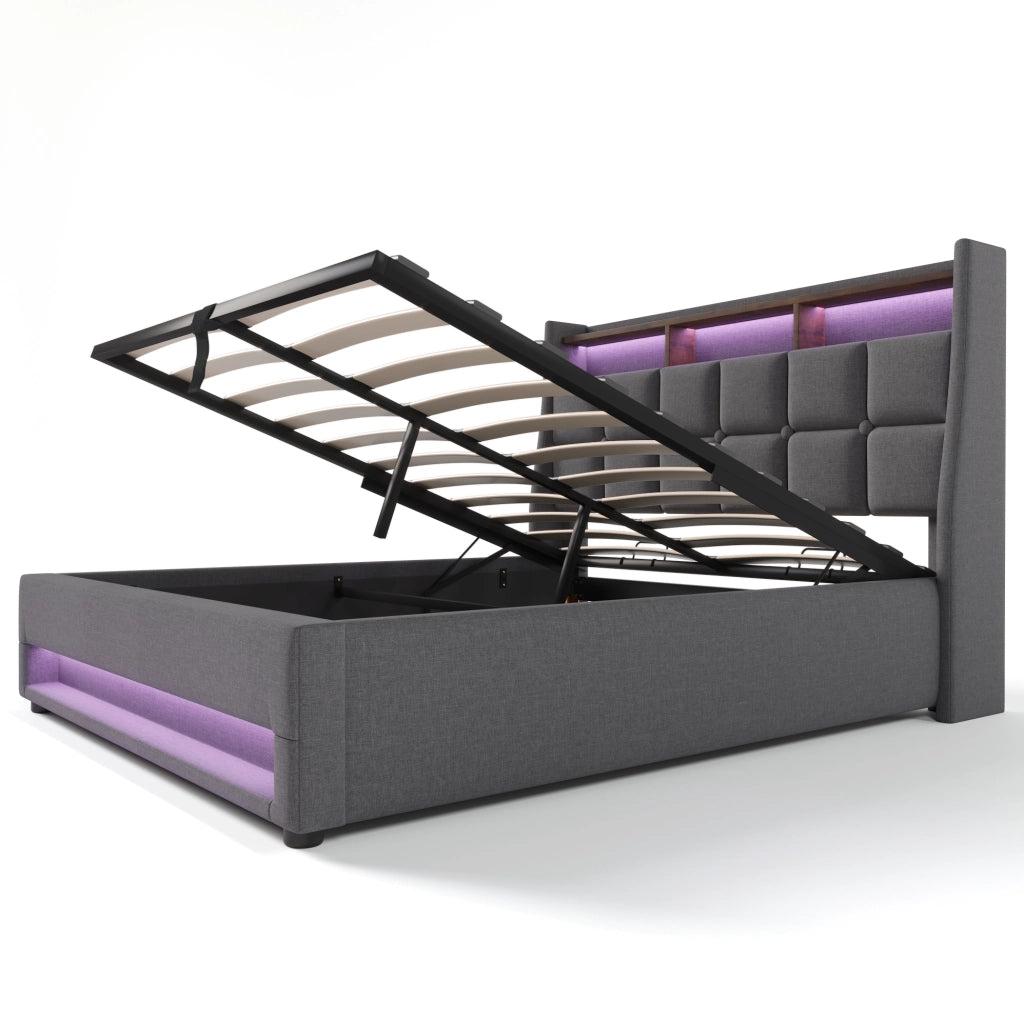 Letto imbottito 160x200 cm con LED, USB e contenitore, grigio