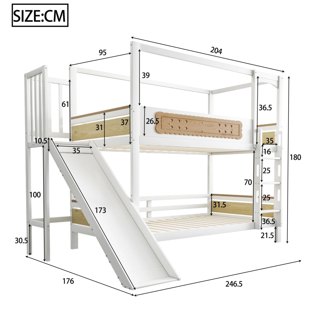 Letto a castello per bambini 90x200 cm in legno con scivolo e scala larga