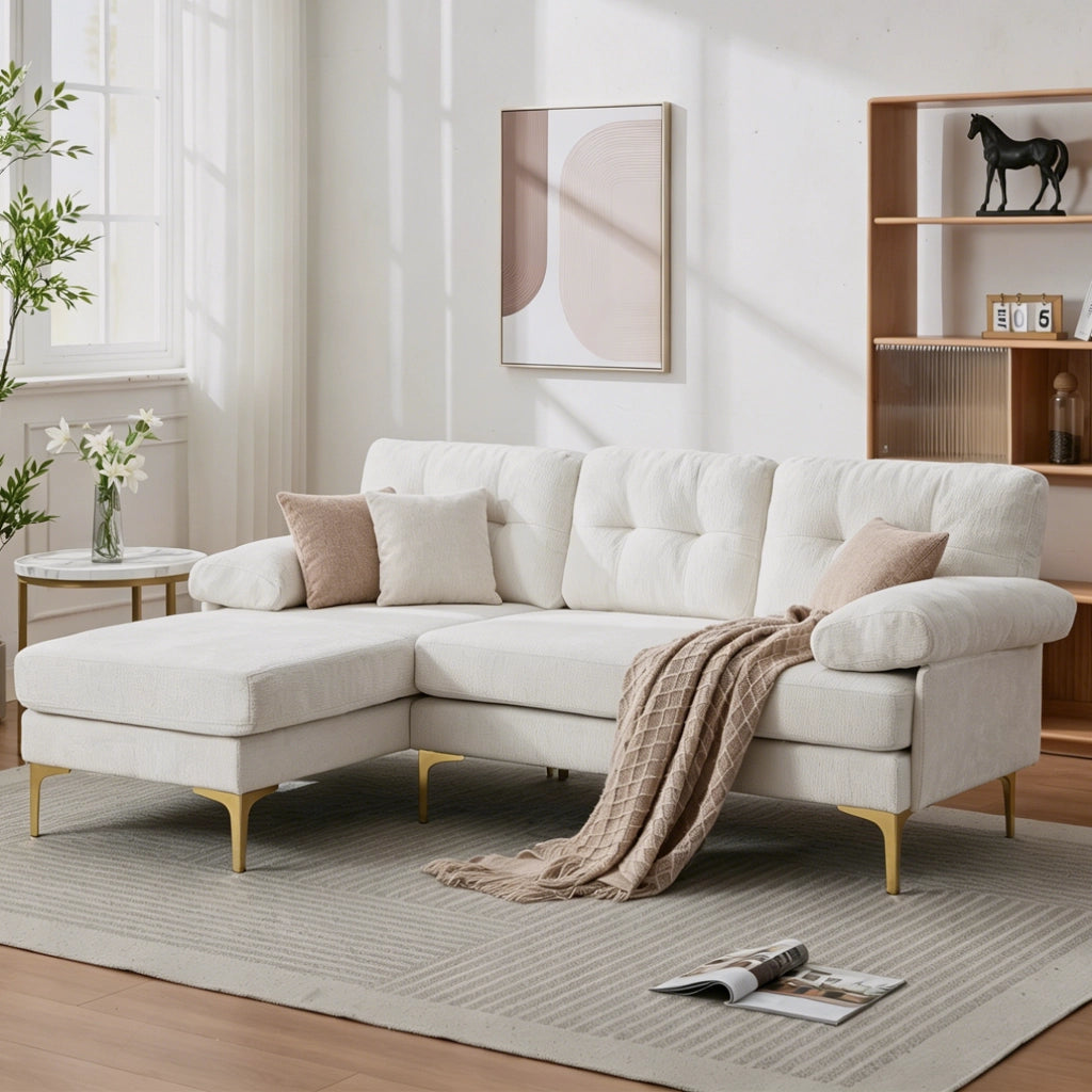 Divano angolare 3 posti 187;5x130 cm con chaise longue reversibile; cuscini imbottiti; ciniglia beige