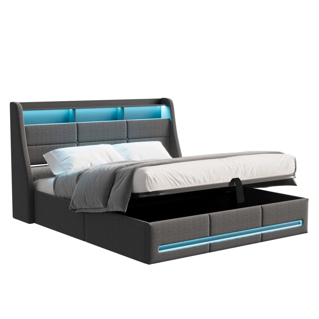 Letto contenitore 140x200 cm in lino grigio;con vano portaoggetti;luci LED/USB;rete a doghe e testiera;per ragazzi e adulti