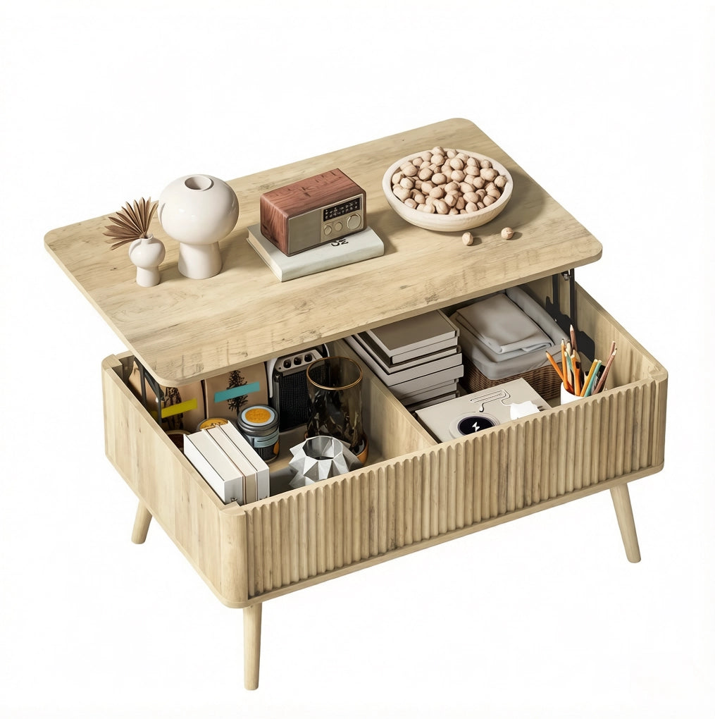 Tavolino da soggiorno moderno in MDF e legno di pino con piano regolabile in altezza, finitura rovere, 91x56 cm