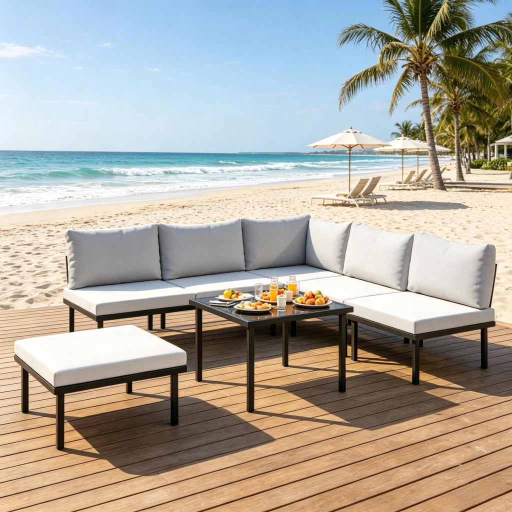 Set da giardino modulare ULEVR 6 pezzi con divano 2 posti, poltrone, pouf e tavolino in vetro, nero e grigio chiaro