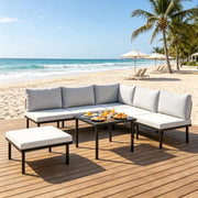 Set da giardino modulare ULEVR 6 pezzi con divano 2 posti, poltrone, pouf e tavolino in vetro, nero e grigio chiaro