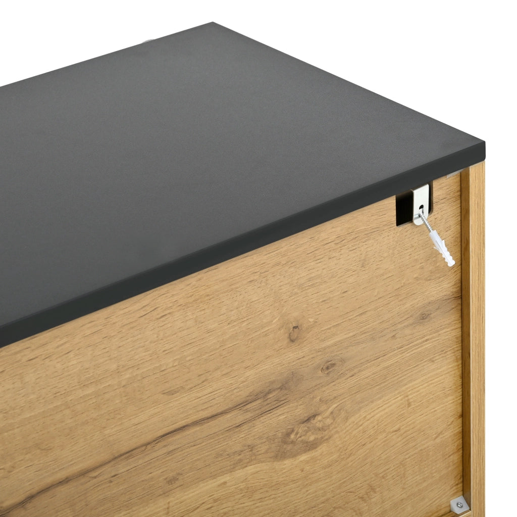 Sideboard con ante mosaico; 160 x 35 x 80;5 cm; in truciolare effetto legno naturale con piedi in metallo nero
