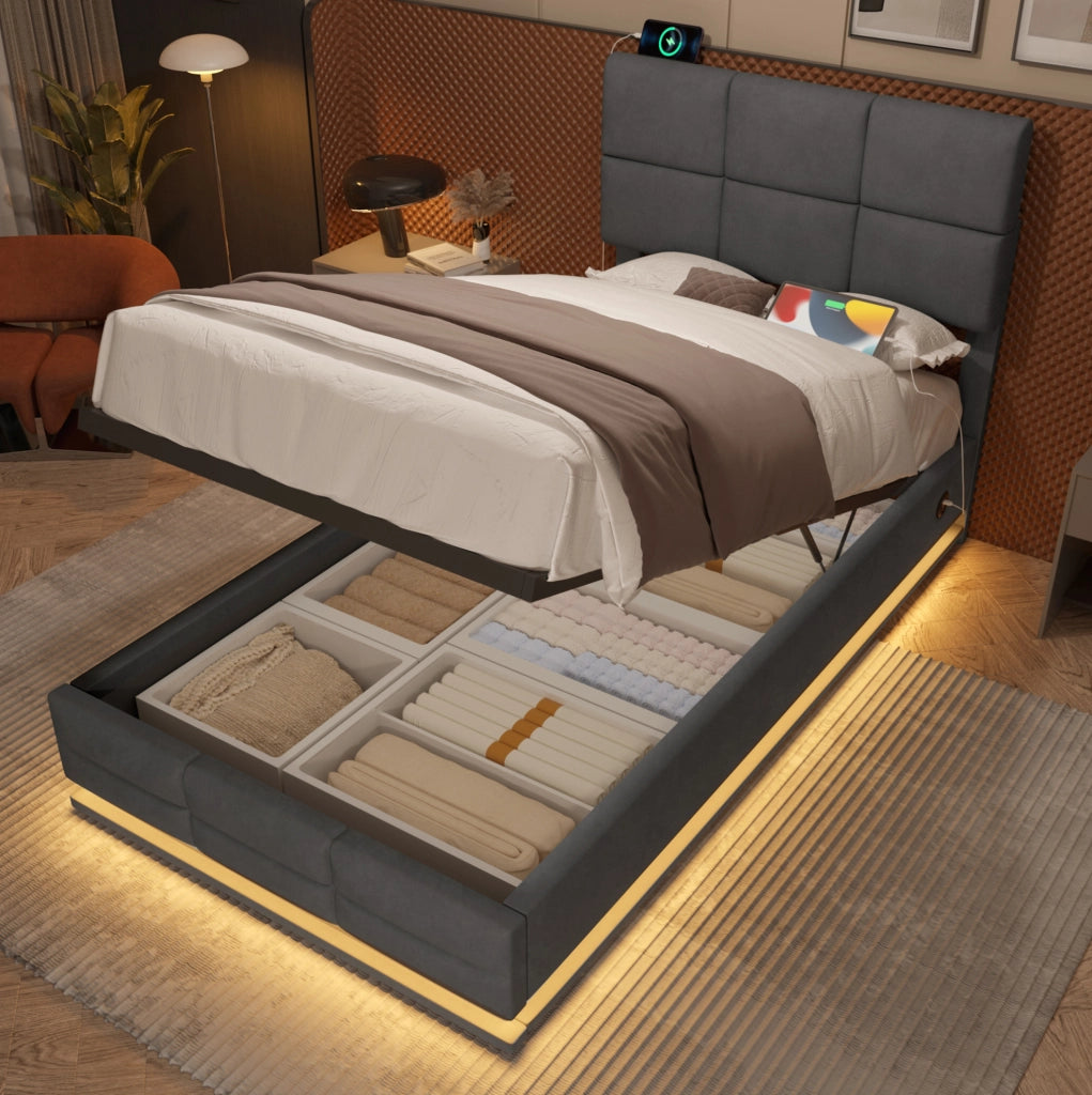 Letto singolo 90x200 cm con contenitore; testiera regolabile; LED e USB; velluto grigio scuro