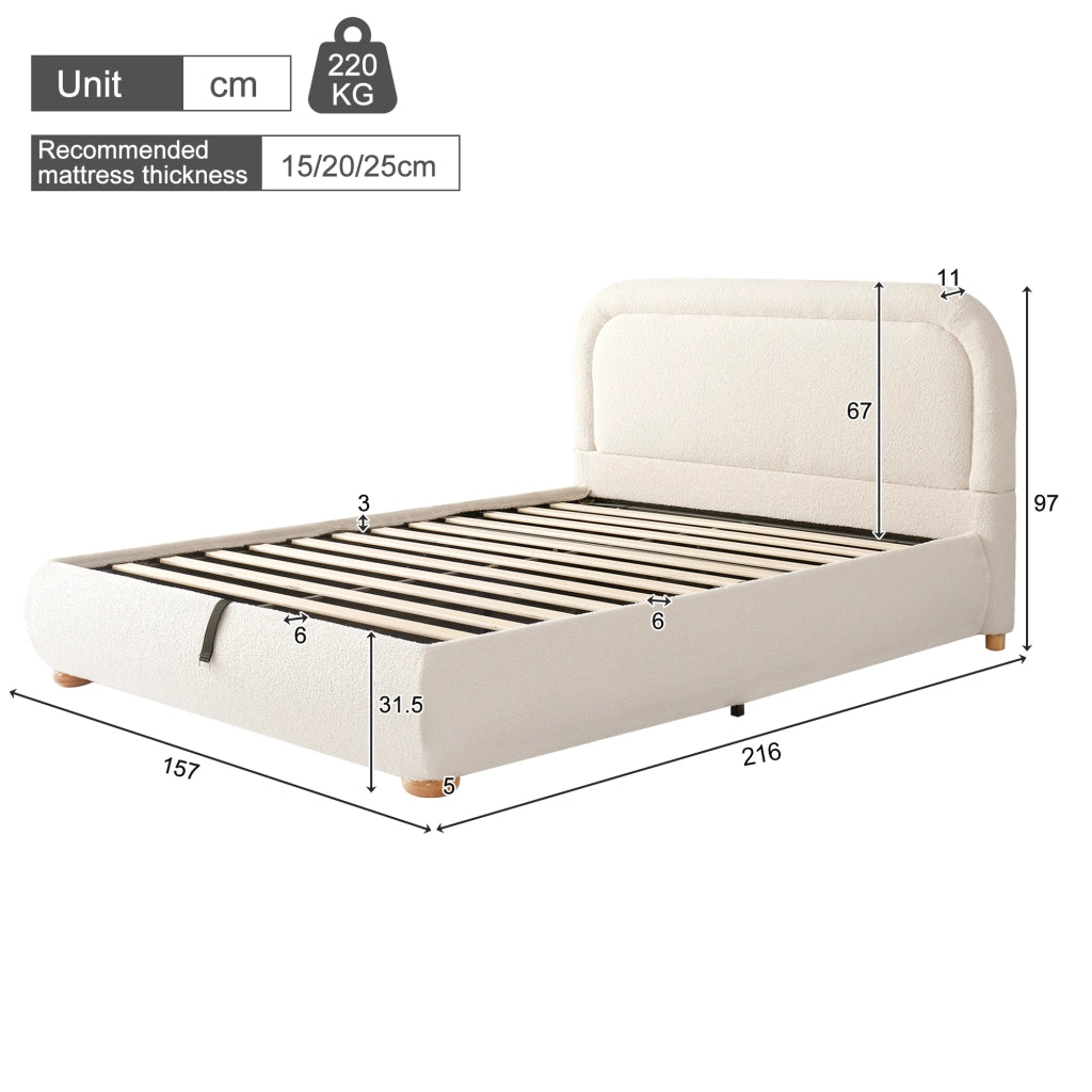 Letto con contenitore idraulico in bouclé beige