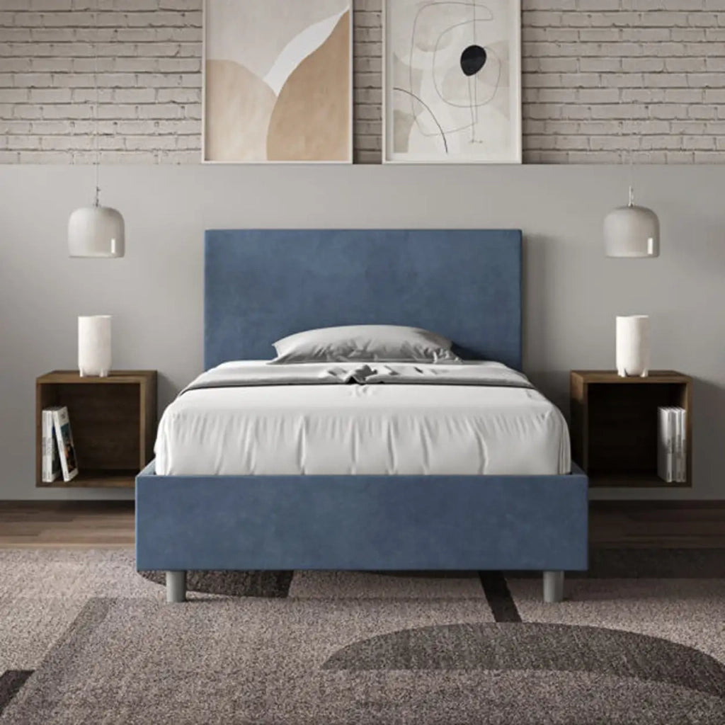 Letto una piazza e mezza con rete imbottito 120x210 microfibra blu Adele