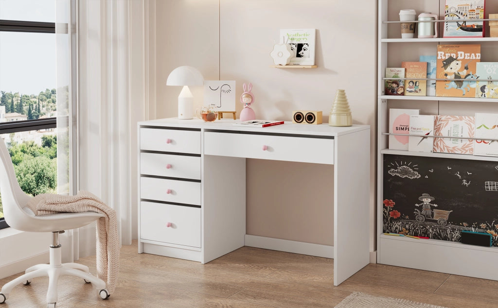 Set Scrivania e Libreria per Bambini 2 Pezzi con 5 Cassetti, 4 Ripiani e Lavagna, Bianco