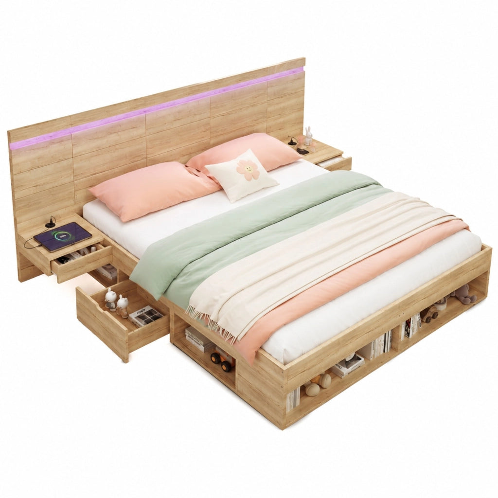 Letto matrimoniale con contenitore, illuminazione LED e prese USB integrate