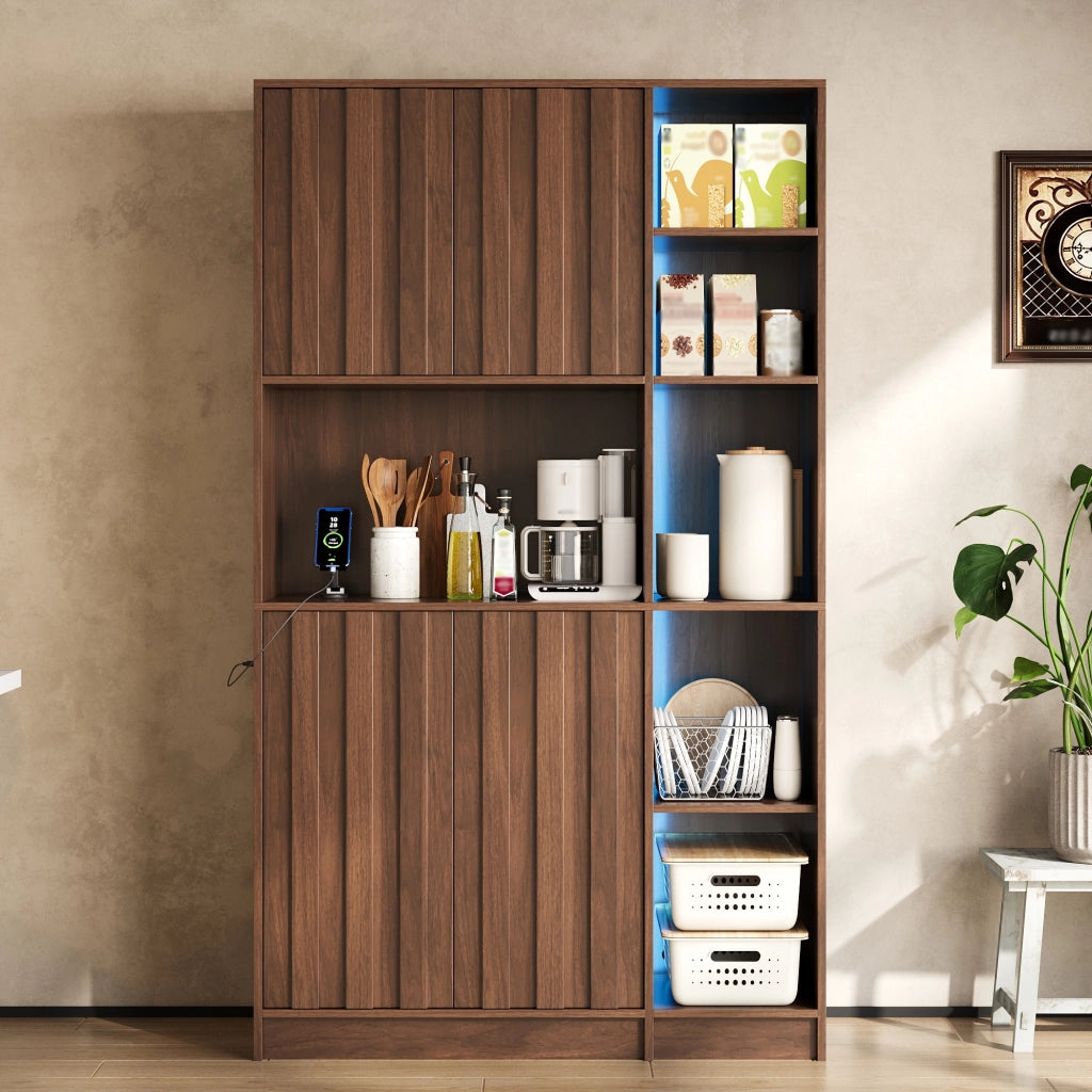 Mobile colonna da cucina con 2 ante vani aperti LED RGB e prese integrate in MDF noce 105 × 40 × 180 cm