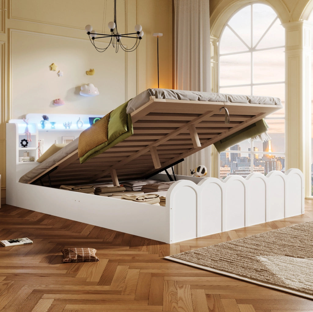 Letto contenitore 140x200 cm bianco con LED, USB e USB-C
